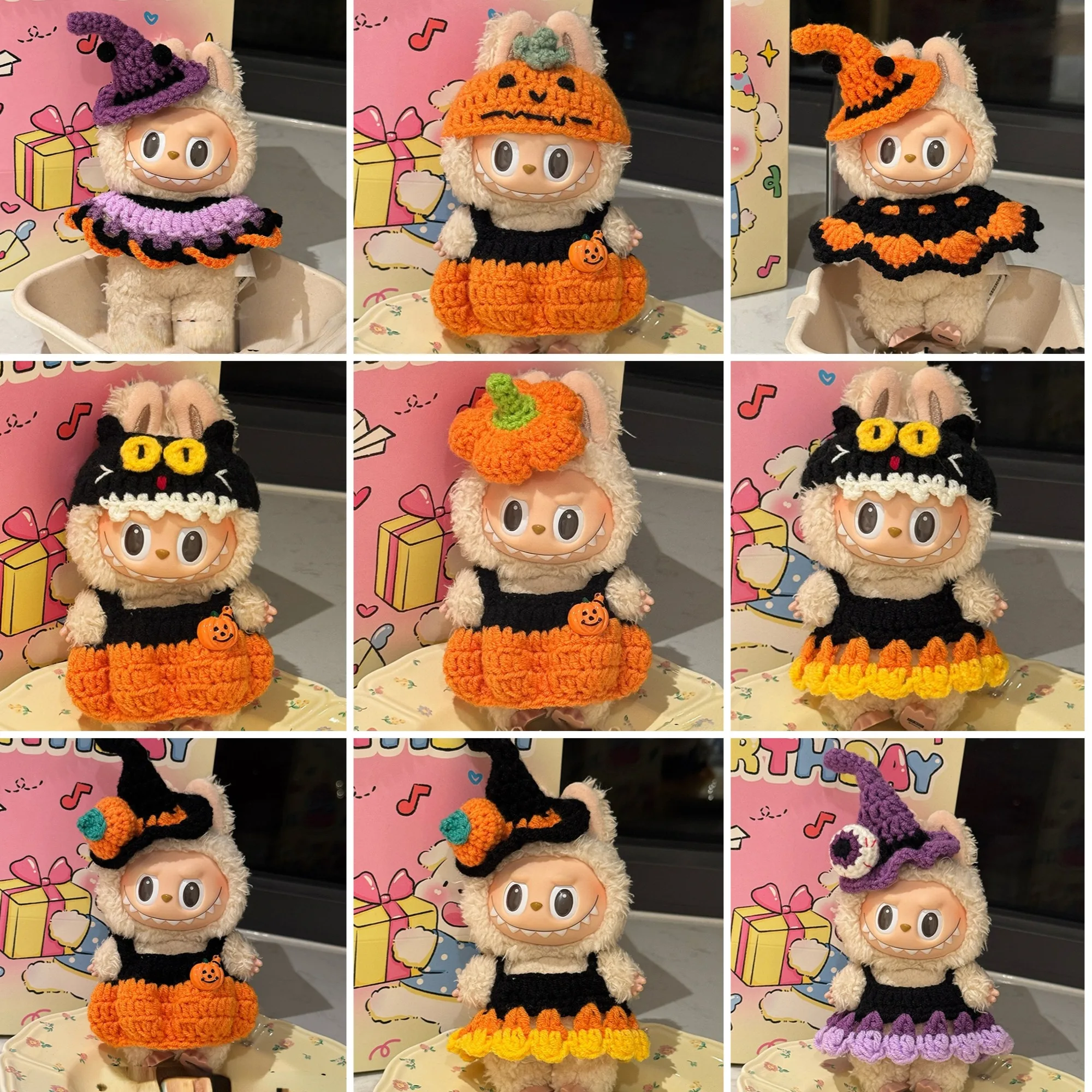

Labubu Handmade Crochet Halloween Outfit 1st-3rd Gen 15/17cm Dolls' Witch Hat Pumpkin Dress & Bat Cape Set