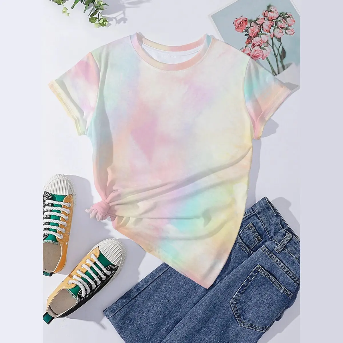 

Seeyoushy Rainbow Color 3D Printed Women's Top 2023 New Summer Crewneck Women's T-shirt Trend Women's Clothing Y2K Aesthetic Top