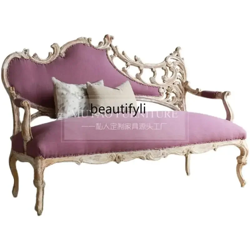 

French retro stylized old solid wood sofa European hollow carved studio sofa multi-person leisure soft sofa