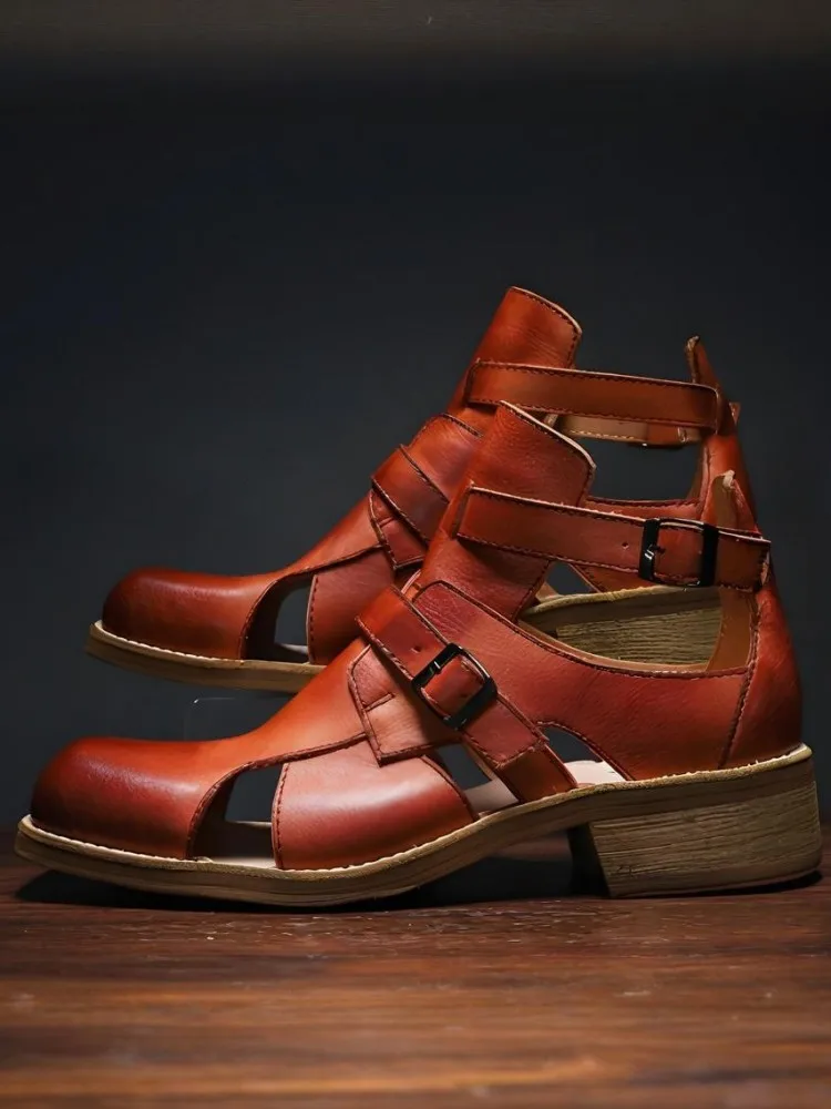 British Style Men Handmade Genuine Leather Hollow Out Square Toe Buckle Strap Sandals Solid Color Cowhide Chunky Heel Gladiator