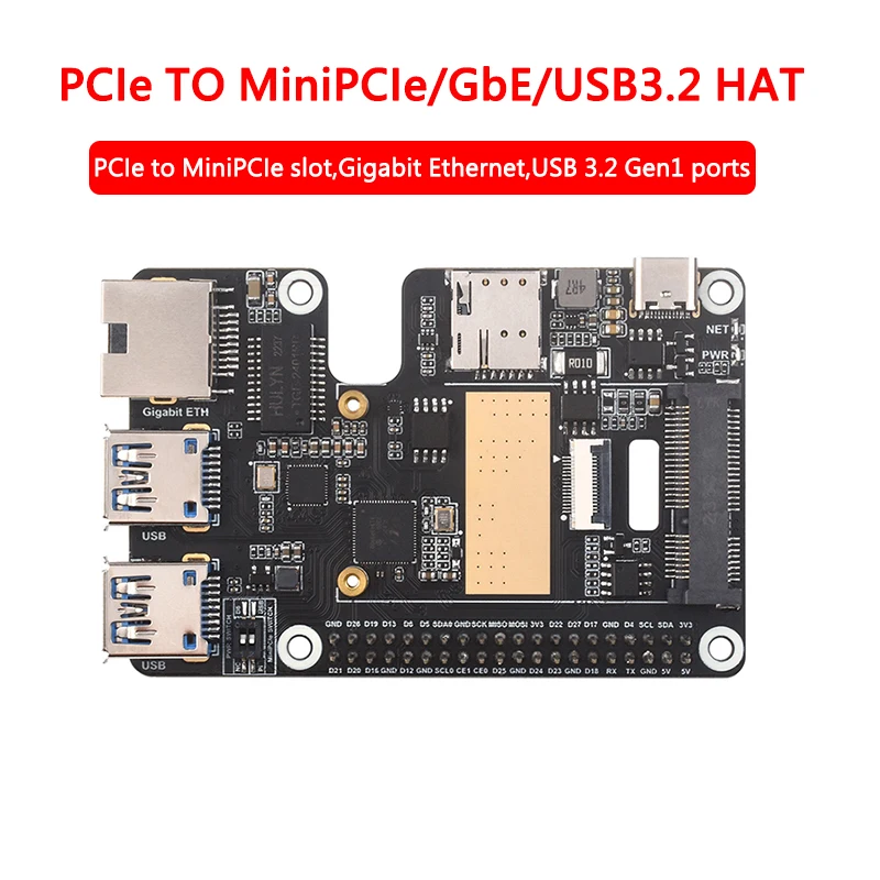 PCIe PARA MiniPCIe 4G Gigabit Ethernet RJ45 USB HUB HAT + Opcional SIM7600G-H/EG25-G para Rasberry Pi 5