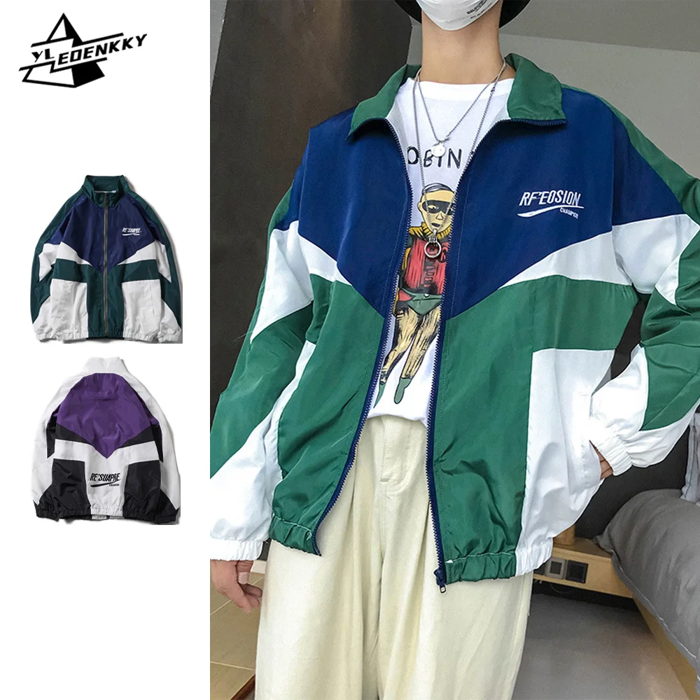 

Varsity Thin Jacket Men Women Harajuku Casual Color-block Baggy Coat High Street Patchwork Lapel Track Top Spring Couple Outwear