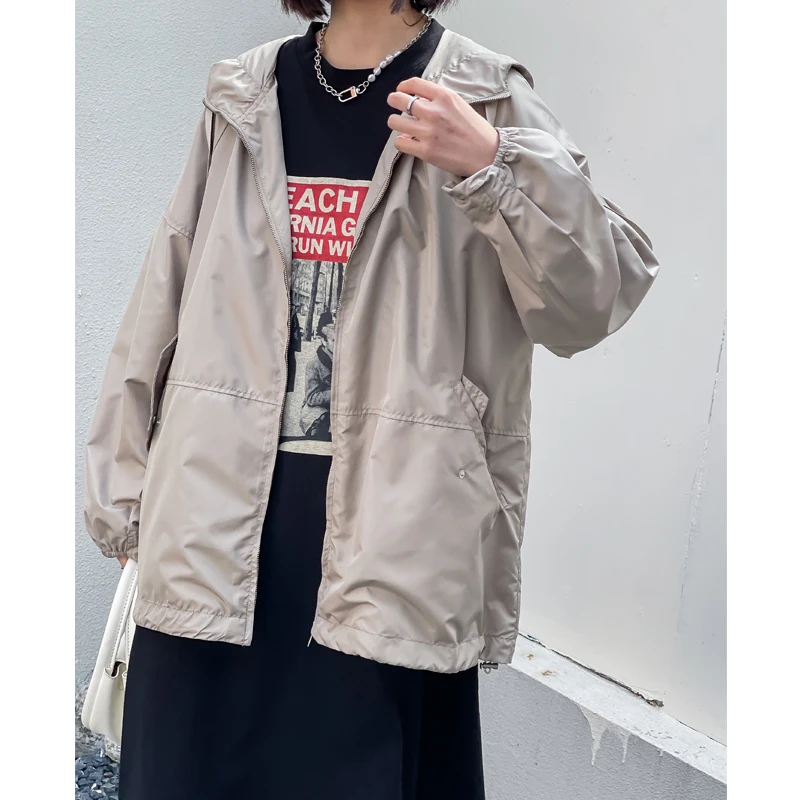 

Casual Street Sle Windbreaker Jaet Women's Loose Fit oulder Dstring Hooded Mid-Length Coat Polyester Long Sve