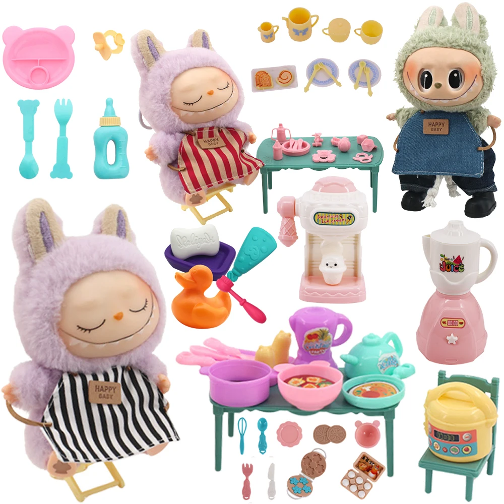 Fashion 15-17cm Plush Stuffed Doll Clothes Striped Apron Bottle Tableware For Labubu Doll Clothing Accessories,Girl's Toy Gift