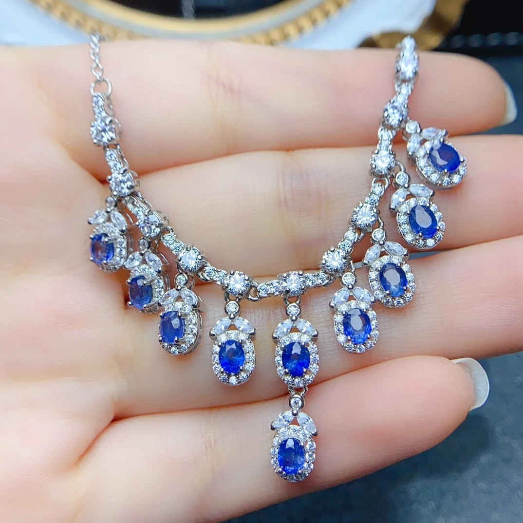 

FS3*4Natural Sapphire Luxury Necklace S925 Pure Silver With Certificate Fine Fashion Charm Wedding Jewelry for Women MeiBaPJ New