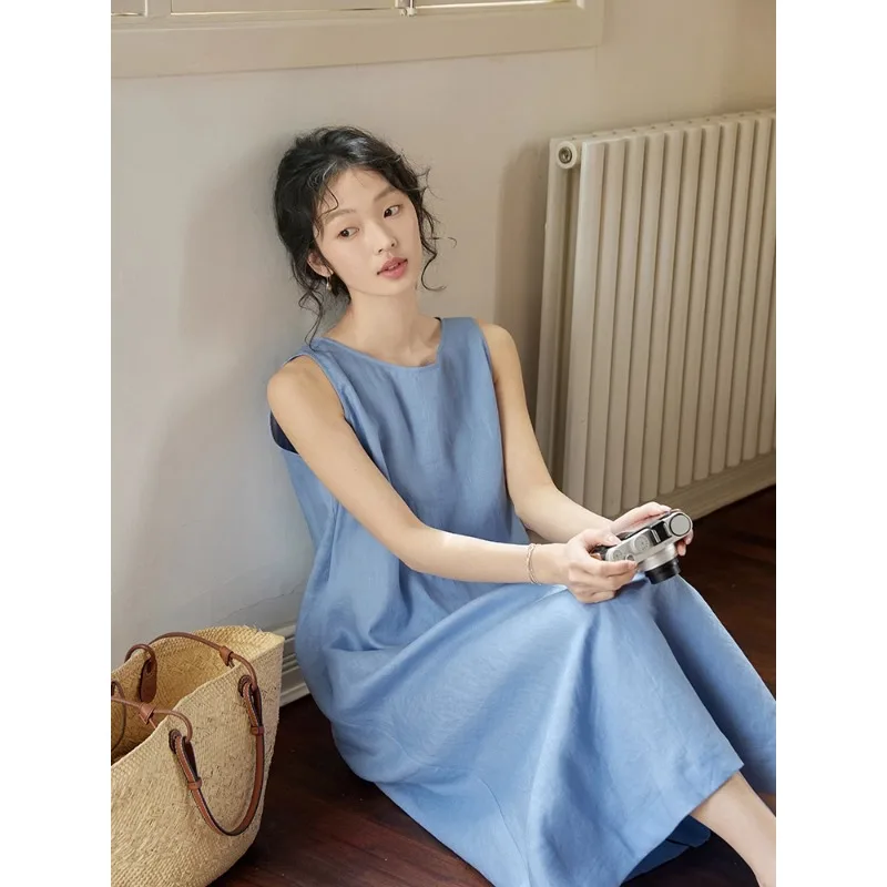 2025年夏新作 フレンチスタイル ベスト リネンワンピース ノースリーブ Oネック 無地 ラッフルヘム Aライン タンク ロングワンピース レディース エレガント N784