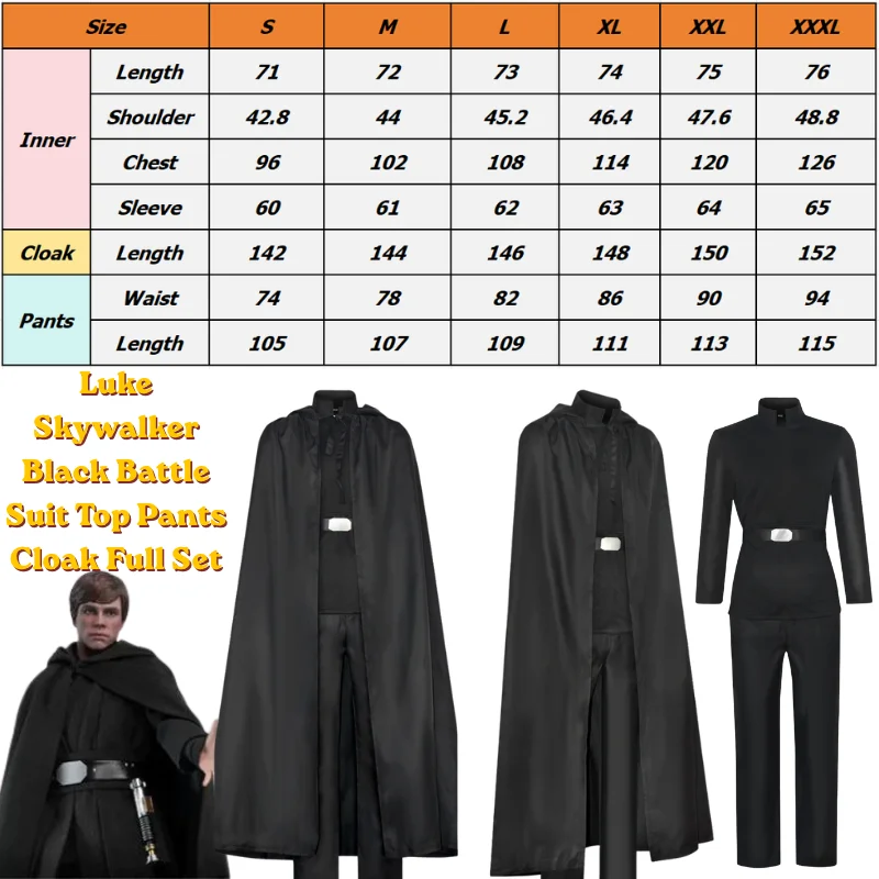 

Disguise Male Luke Skywalker Black Battle Suit Top Pants Cloak Full Set Cosplay Costume Halloween Carnival