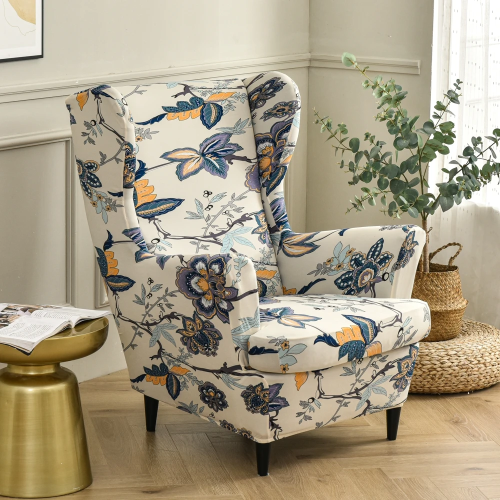 Stretch Spandex Wing Chair Slipcover Nordic Flowers Armchair Covers Elastic Sofa Slipcovers with Seat Cushion Covers Removable