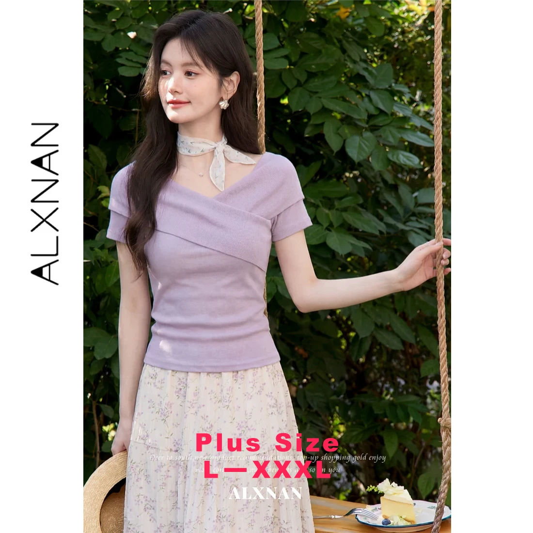 

ALXNAN Plus Size Purple Short Sleeve T-shirts Cross V-neck Knit Women's T-shirt Elegant Casual Fashion Female Clothing D62865A-2
