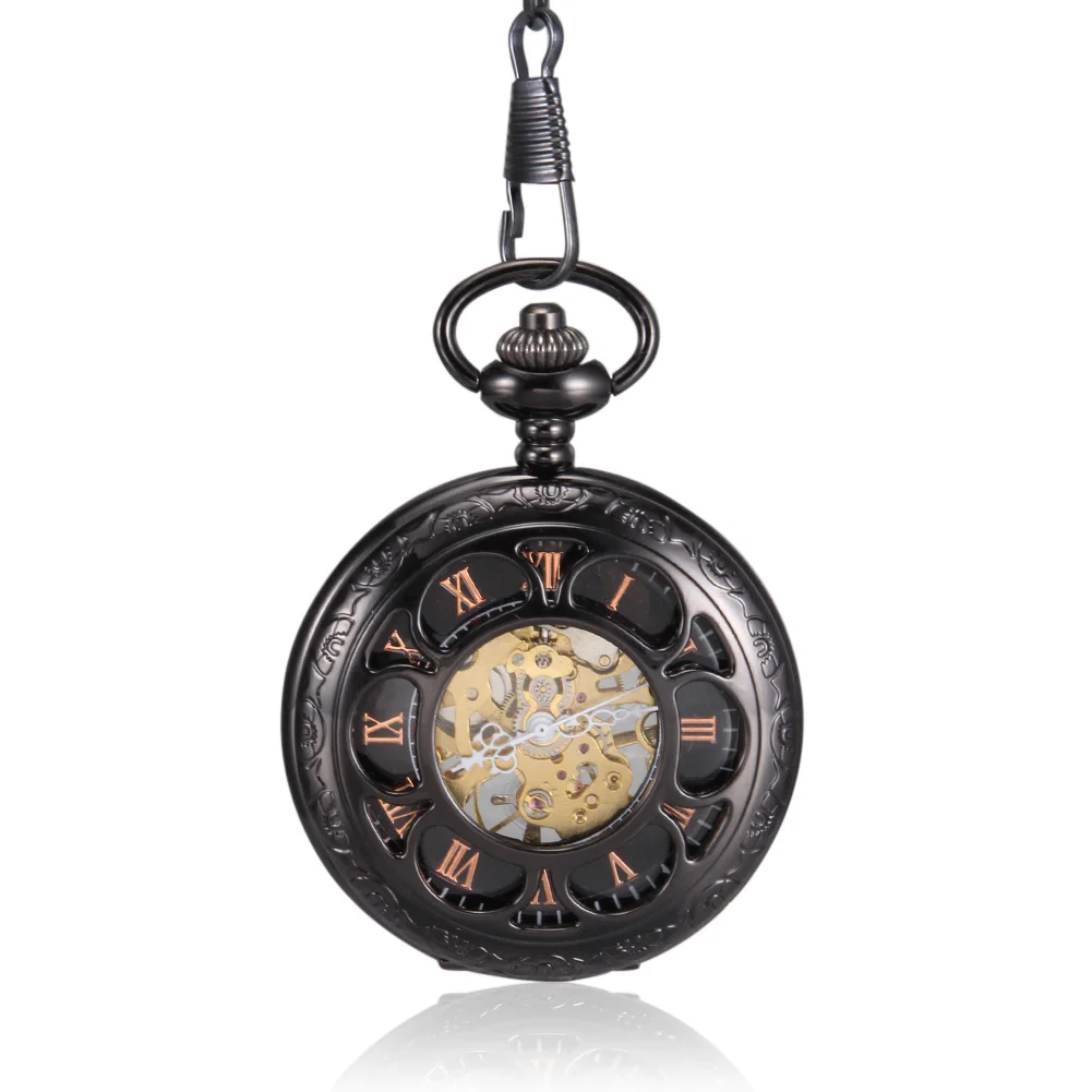 Fashion Quartz Pocket Watch Black Hollow Petal منحوتة مع سلسلة Steampunk Copper Fintage Black Series معلقة الساعات
