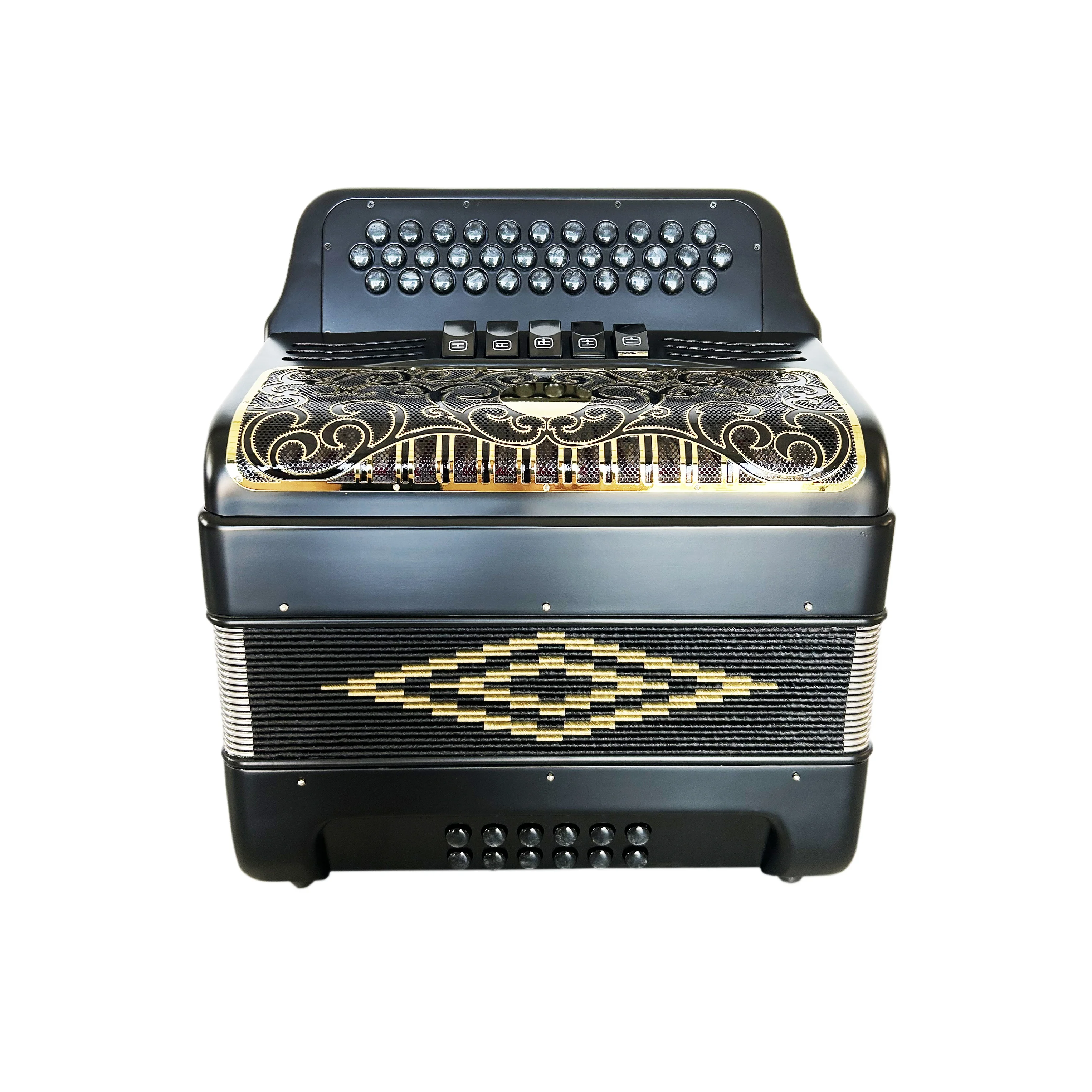 Professional 34-Button 12-Bass 5-Register Accordion Instrument Matt Black Body Gold Grill Black Buttons JB3412D