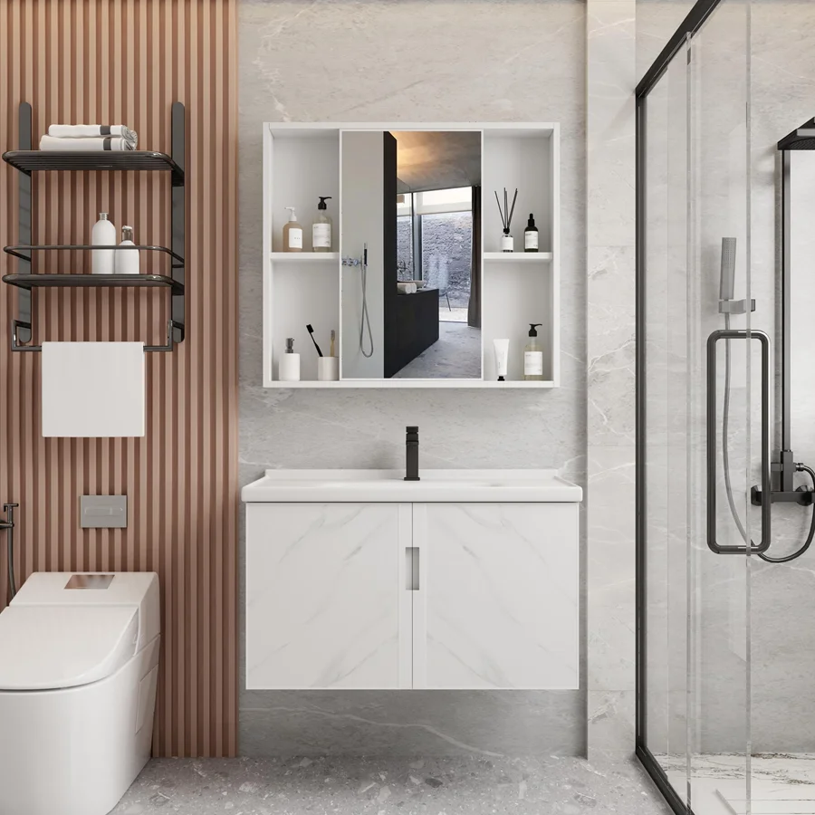 Bathroom CabinetMarble Pattern Aluminum Modern Single Sink Mirrored Small Wall Mounted Bathroom Cabinet Vanity