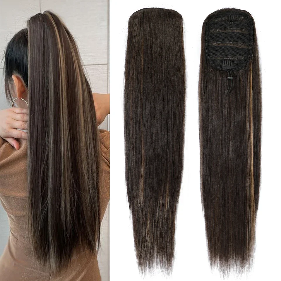 Extensions Capillaires Synthétiques Raides en Queue de Cheval pour Femme, Cheveux Naturels à réinitialisation, 28 Pouces, Fausse Queue de Cheval