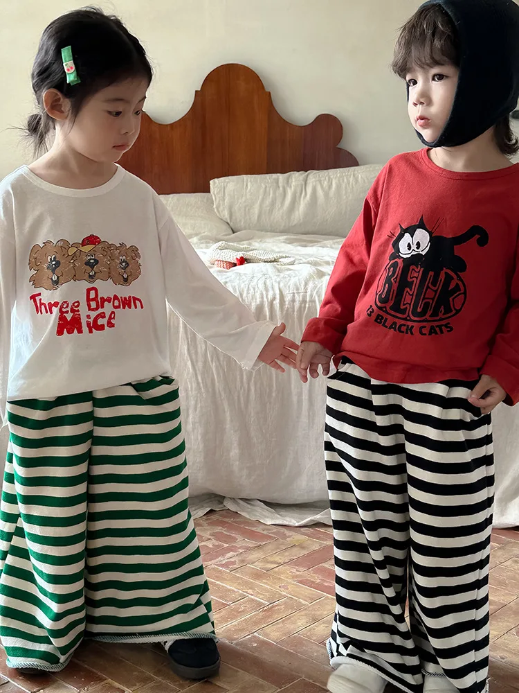 2024 Autumn New Children Trousers Fashion Boys Loose Casual Pants Cotton Versatile Girls Striped Wide Leg Pants Kids Clothes