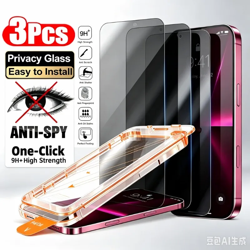3 قطع من الزجاج المقوى المقاوم للغبار، مصممة للتركيب بدون غبار، لهواتف iPhone 17 و16 و15 و14 و13 و12 و11 Pro Max وPlus وMini وX وXR وXS، وتوفر حماية للخصوصية للشاشة.