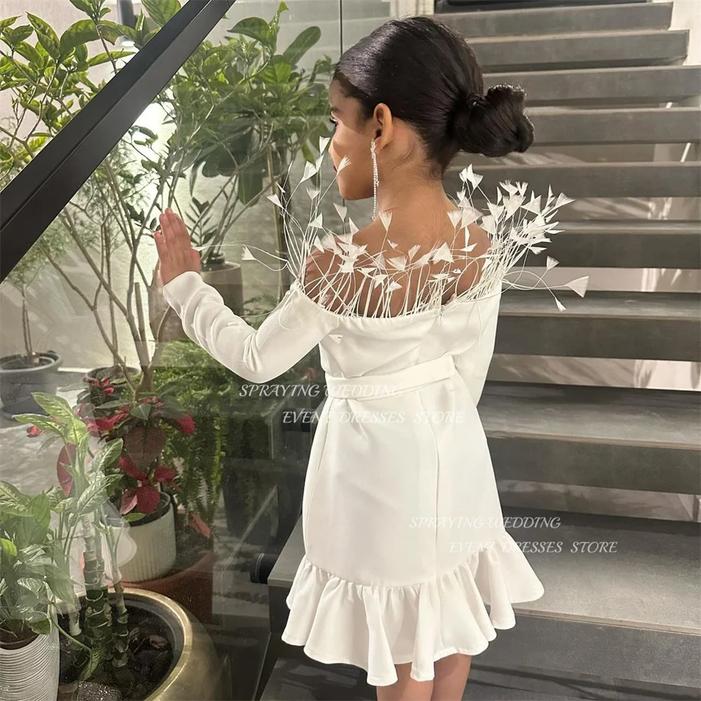 SPRAYING Evening Dresses for Children Boat Neck Full Sleeves Girl Dresses Knee-Length Pleat Ruffle Birthday Shooting Dress