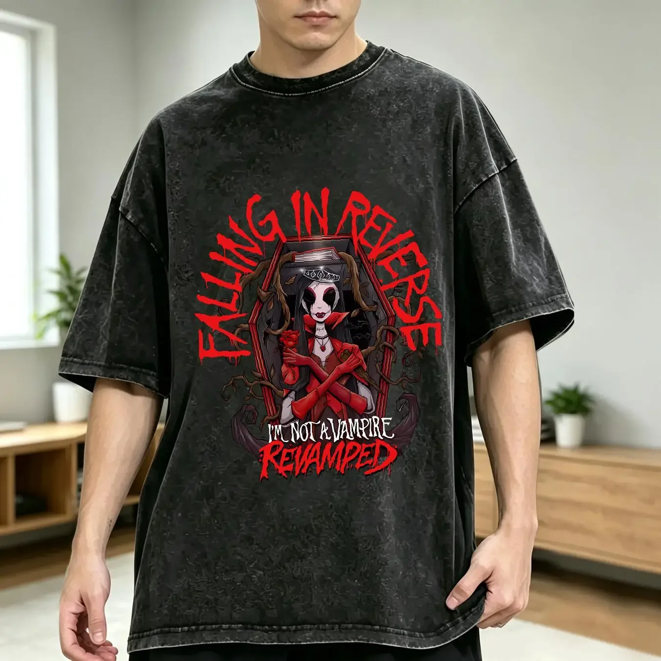 washed T Shirt New Falling In Reverse Black Men  vintage Washed Comfortable graphic designer clothes fashion Stretched
