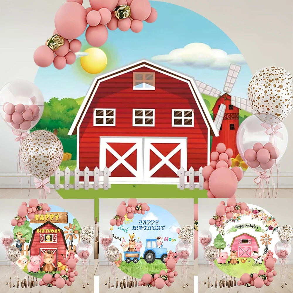 

Farm Animals Round Backdrop Cover Barn Tractor Baby Shower Birthday Party Custom Circle Photography Background Decor Photocall