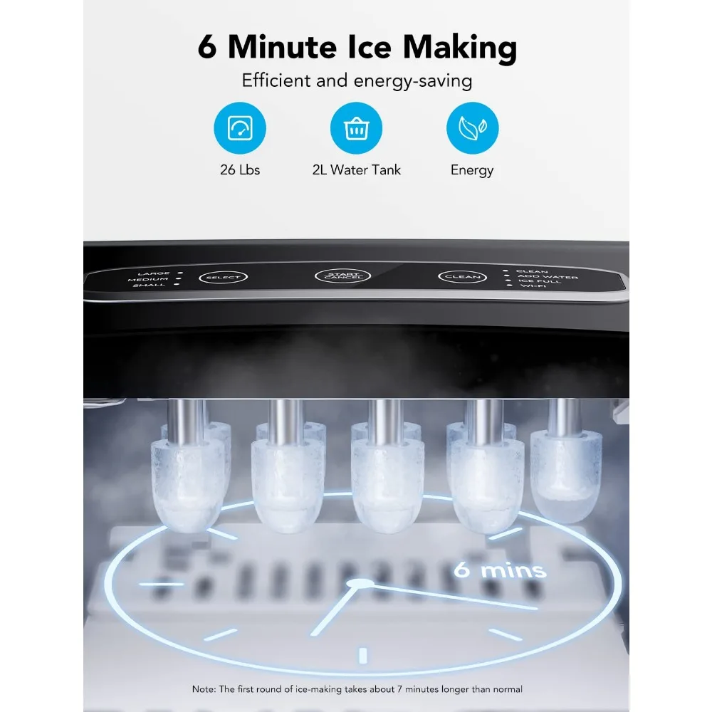 Máquina portátil Smart Countertop Ice Maker, auto-limpeza, 6 Mins 9 Bullet Ice, 26lbs/24h, controle remoto de voz