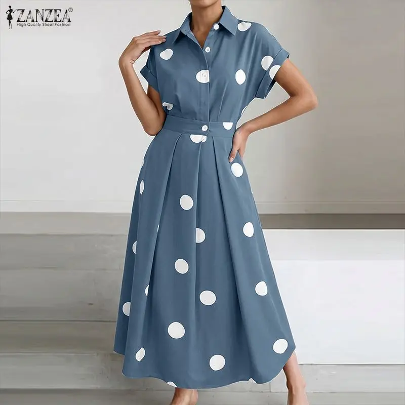 ZANZEA 2026 Damen Polka Dot Maxikleid mit Umlegekragen, Kurzarm, Elastischer Bund, A-Linien-Kleid, Modische Streetwear Hemdkleid
