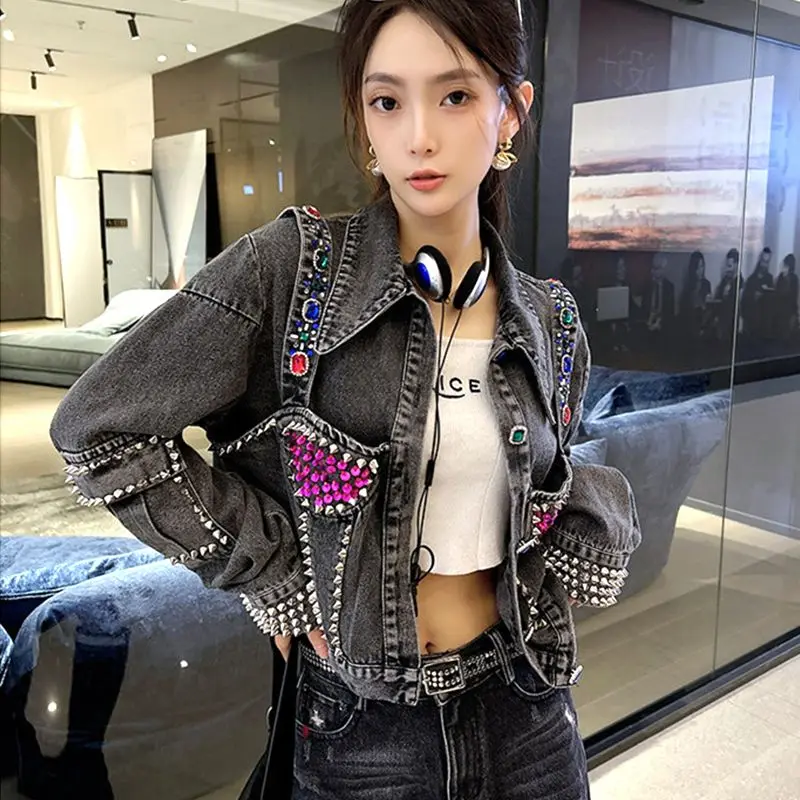 

Tassel Pearl Rivets Jeans Coat Short Crop Studded With Stones Rhinestones Biker Jeans Coat Women'S Denim Jackets Diamonds Deals