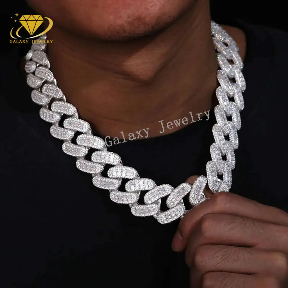 Luxury Hip Hop Style 28mm Cuban Necklace Bling Baguette Moissanite Diamond Cuban Chain Silver Plating Miami Cuban Link Chain