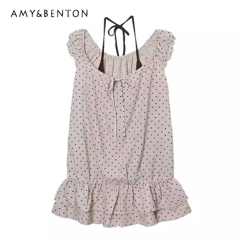 

Korean Polka Dot Lace-up Halter Women's Vsets 2026 Summer Vest Fake Two Pieces Lotus Leaf Edge Hem Short-sleeved T-shirt Ladies