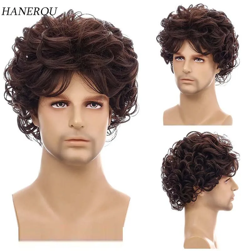 Dark Brown Wig for Men Synthetic Short Curly Wig Man Fluffy Breathable Wig with Bangs Daily Cosplay Party Heat Resistant