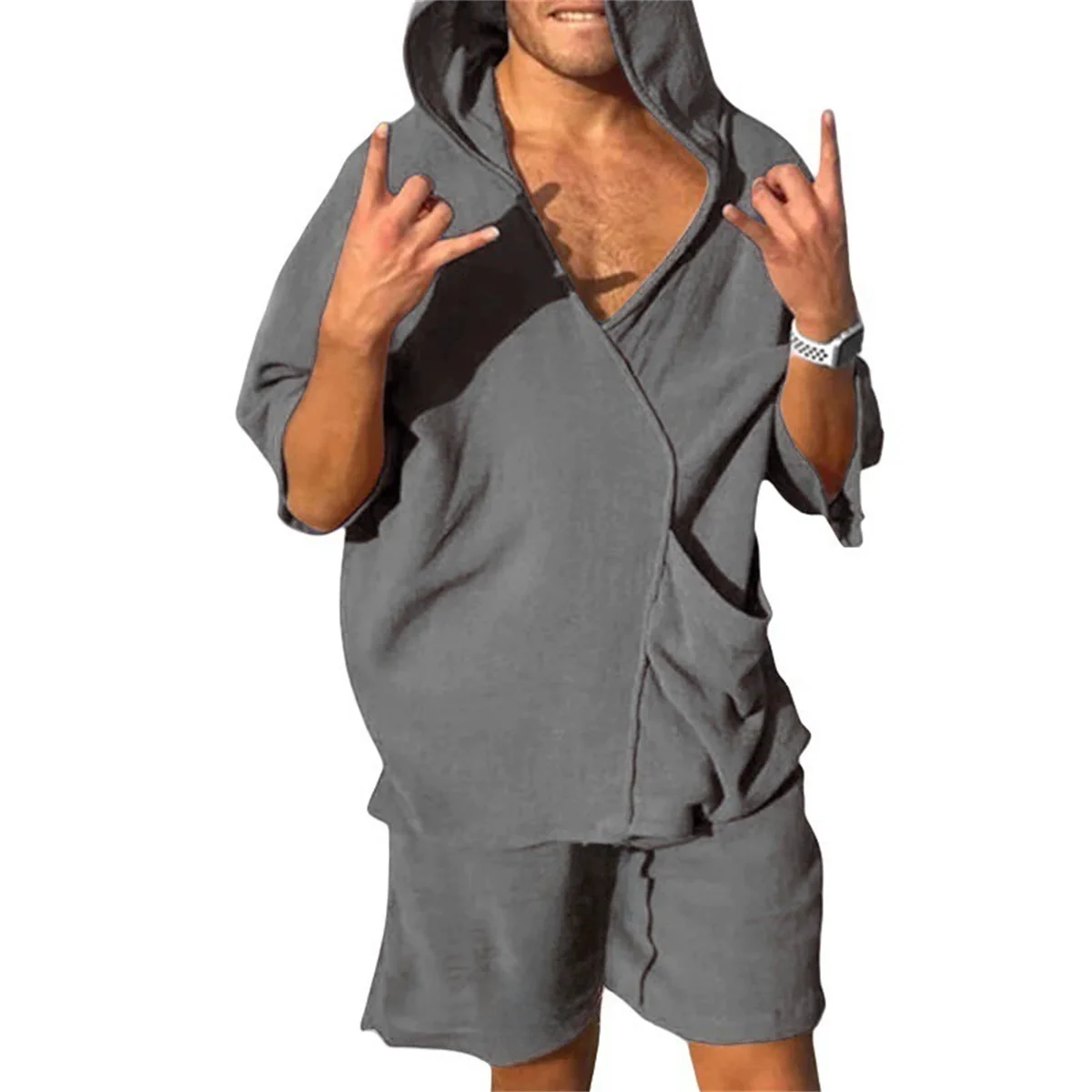 Men's Summer Trendy New Short-Sleeved V-Neck Hooded Pocket Casual Sports Beach Set, Solid V-Neck Top, Solid Beach Shorts