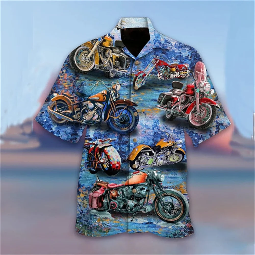 Hawaiian Men\'s Shirt 3d Motorcycle Print High-Quality Men\'s Clothing Summer Casual Short Sleeved Loose Oversized Cuban Neck Tops