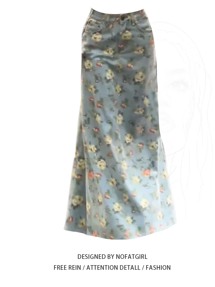 plus Size Women's Vintage Floral Rose Skirt Flared Denim Summer A-Line Slimming Long Skirt for All Body pes