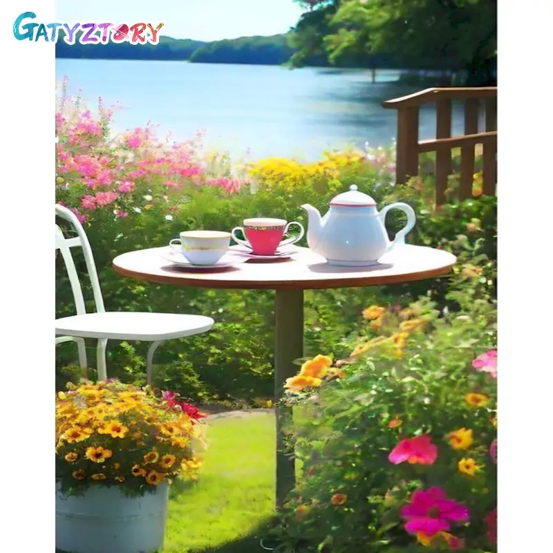 

GATYZTORY Diy Painting By Numbers afternoon tea Landscape Coloring By Numbers Handpainted Acrylic Canvas Paint Diy Arts