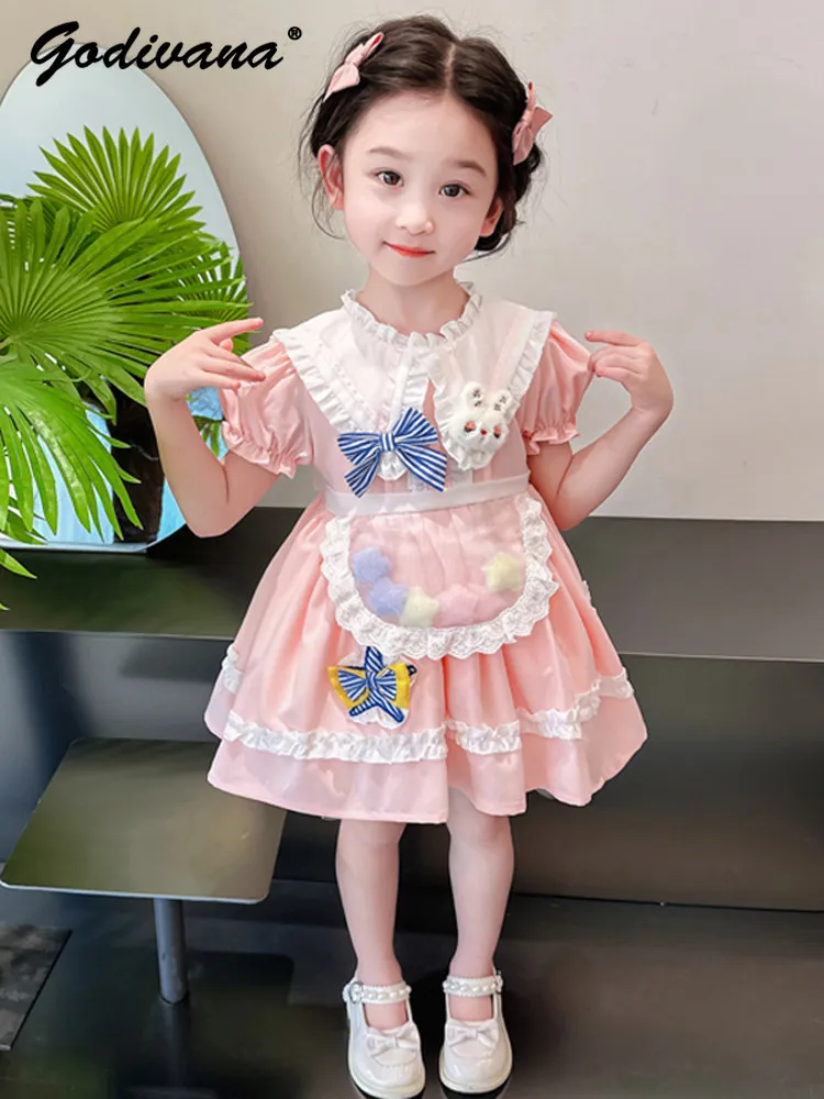 

Sweet Baby Girls Lolita Princess Dress 2026 New Summer Childrens Puff Sleeve Ruffle Trim Cartoon Bow Stars Daily Casual Dresses