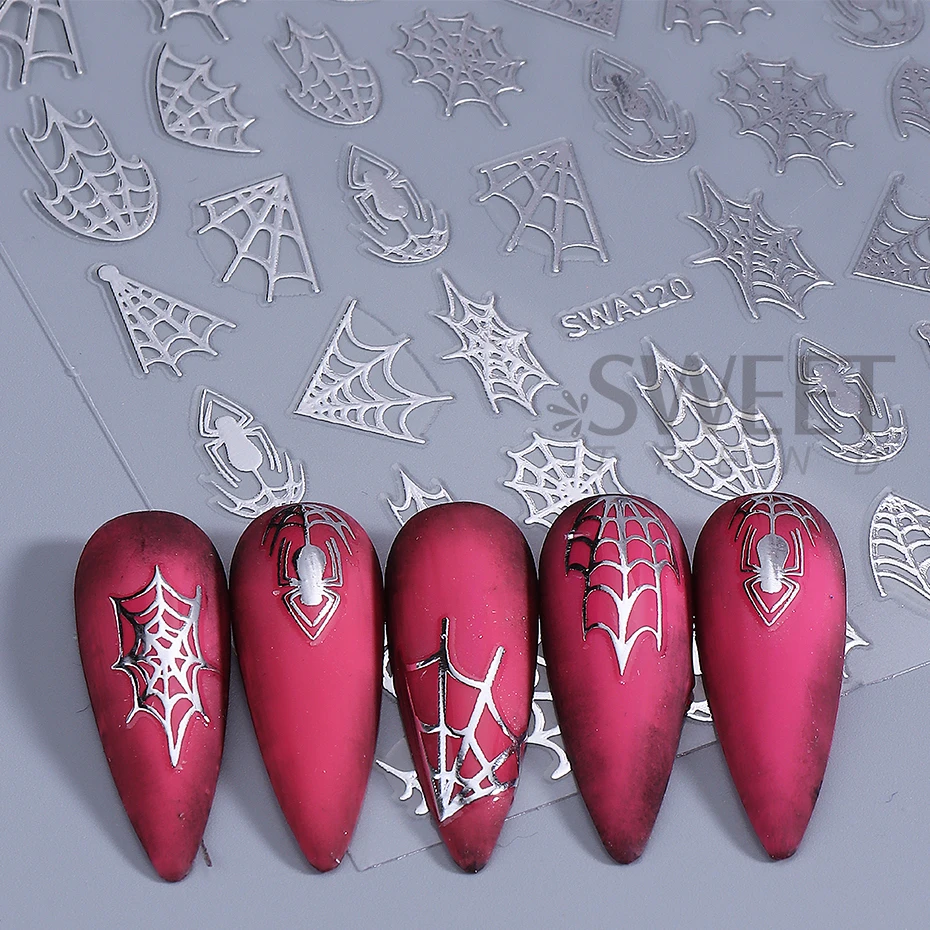 5 Stück Halloween Spinnennetz Nail Art Aufkleber holographisch Schwarz Gold Silber Spinne selbstklebende Nagelaufkleber DIY Maniküre Dekoration