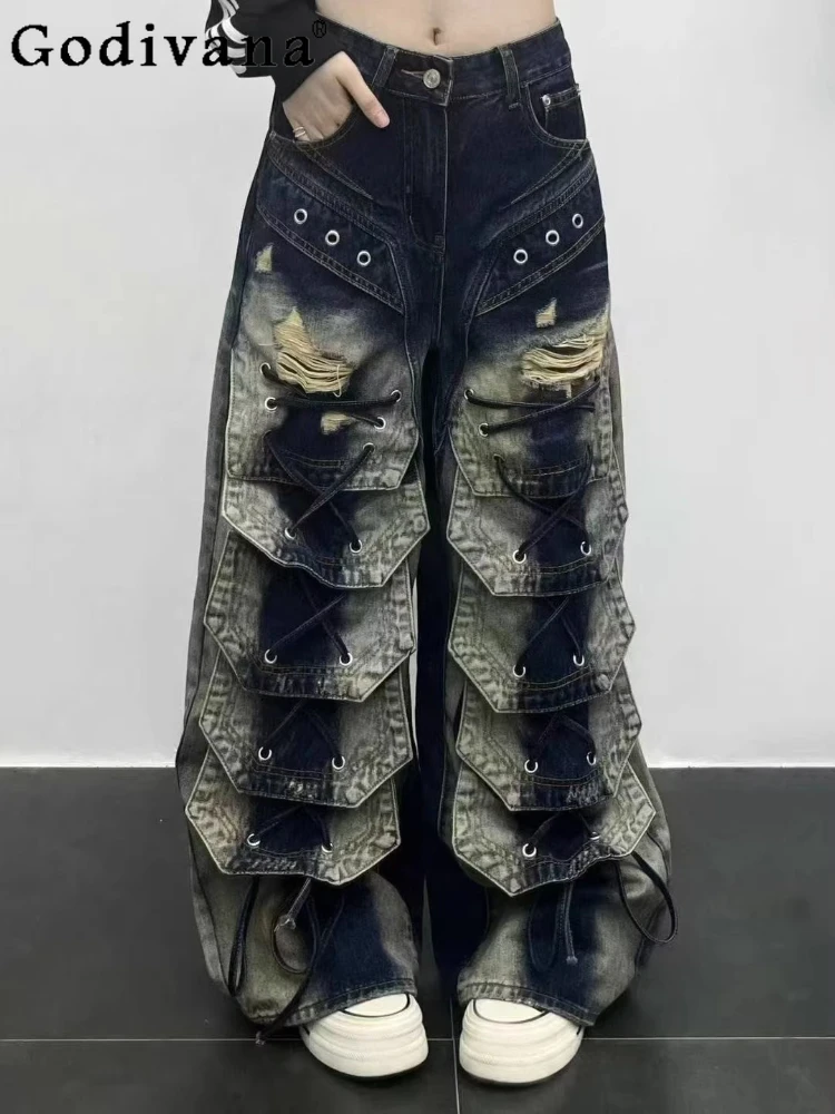 

Весенне-осенние уличные рваные джинсы в стиле панк на шнуровке, модные универсальные модные широкие прямые брюки для девочек, уменьшающие возраст
