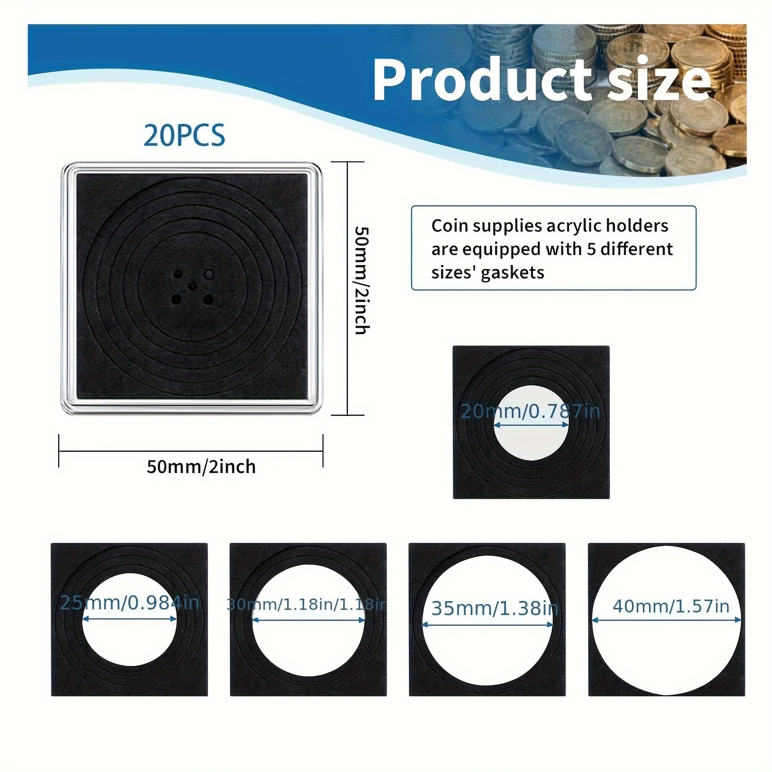 20Pcs Adjustable Acrylic Coin Collection Cases with Sponges Coin Snap Holder Silver Dollar Protection Cases Collection Supplies