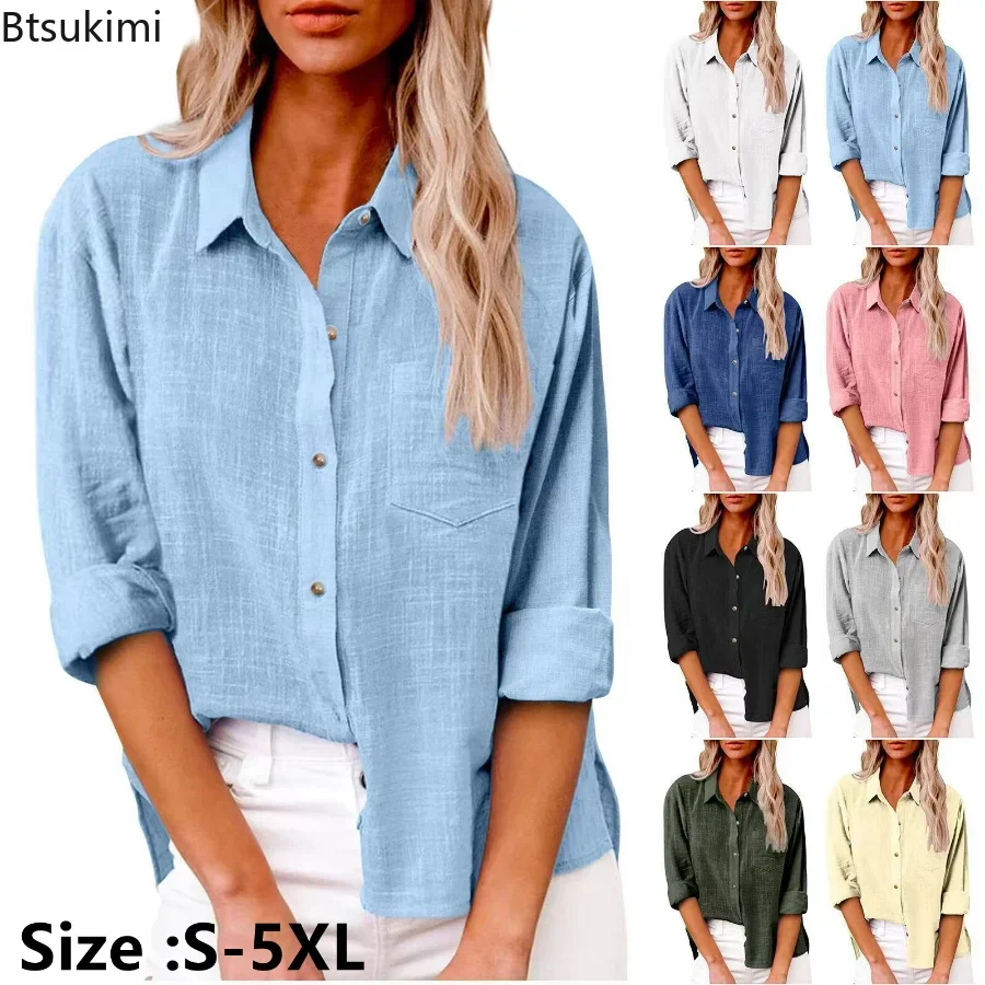 Plus Size 4XL 5XL Women\'s Summer Casual Cotton Linen Shirts Solid Pockets Slit Button Blouse Loose Long Sleeved Shirts Female