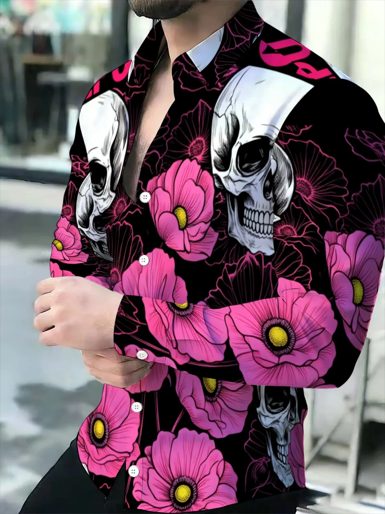 Men Long-Sleeve Button-Down Shirt Black Bright Pink Floral White Skull Print Polyester Lapel Collar Gothic Party Top