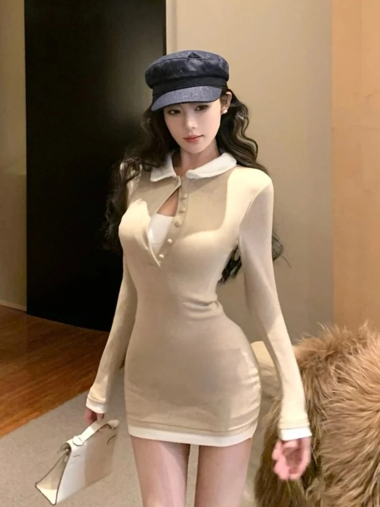 2025 outono francês elegante malha vestidos curtos feminino novo sexy corte hip abraçando vestido vintage emendado roupas de manga comprida