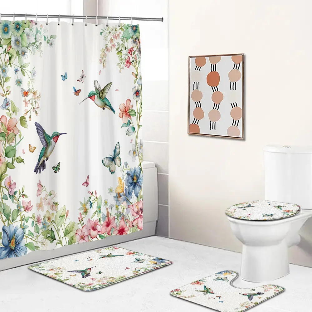 Bird Floral Shower Curtain Set Watercolor Hummingbird Flower Spring Summer Bath Mat Modern Flannel Home Carpet Toilet Lid Cover