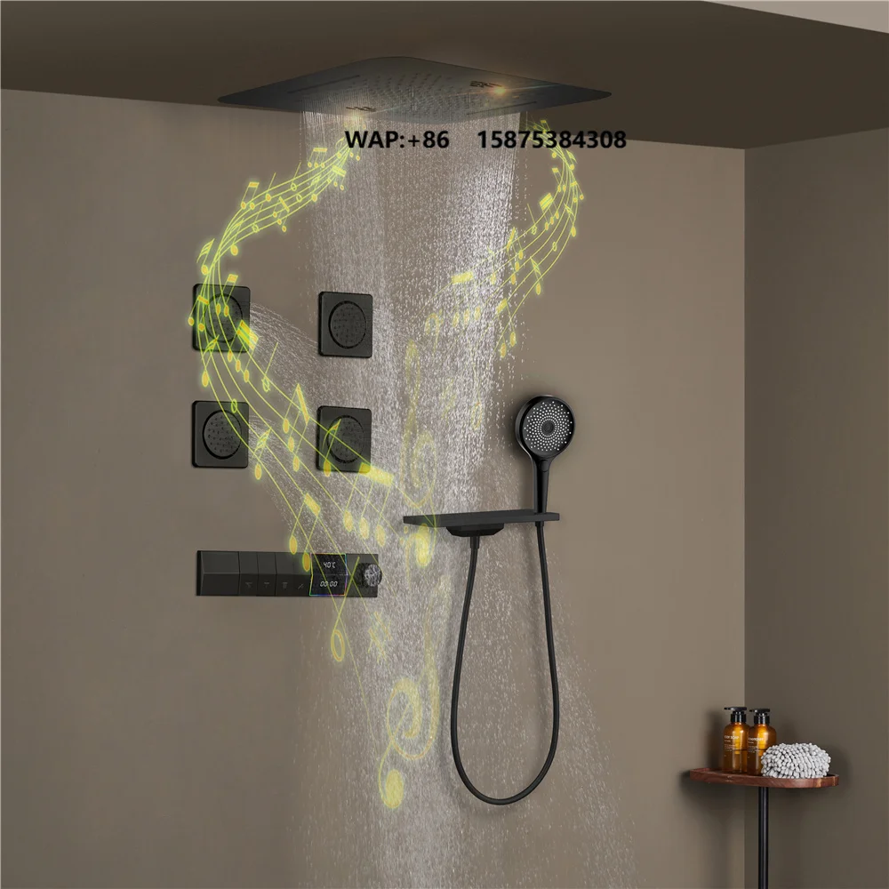 Beyoon Ceiling Embedded LED 23*15 Inch Rain Waterfall Shower Head Sound System Modern Wall Mounted Thermostatic Shower Faucet