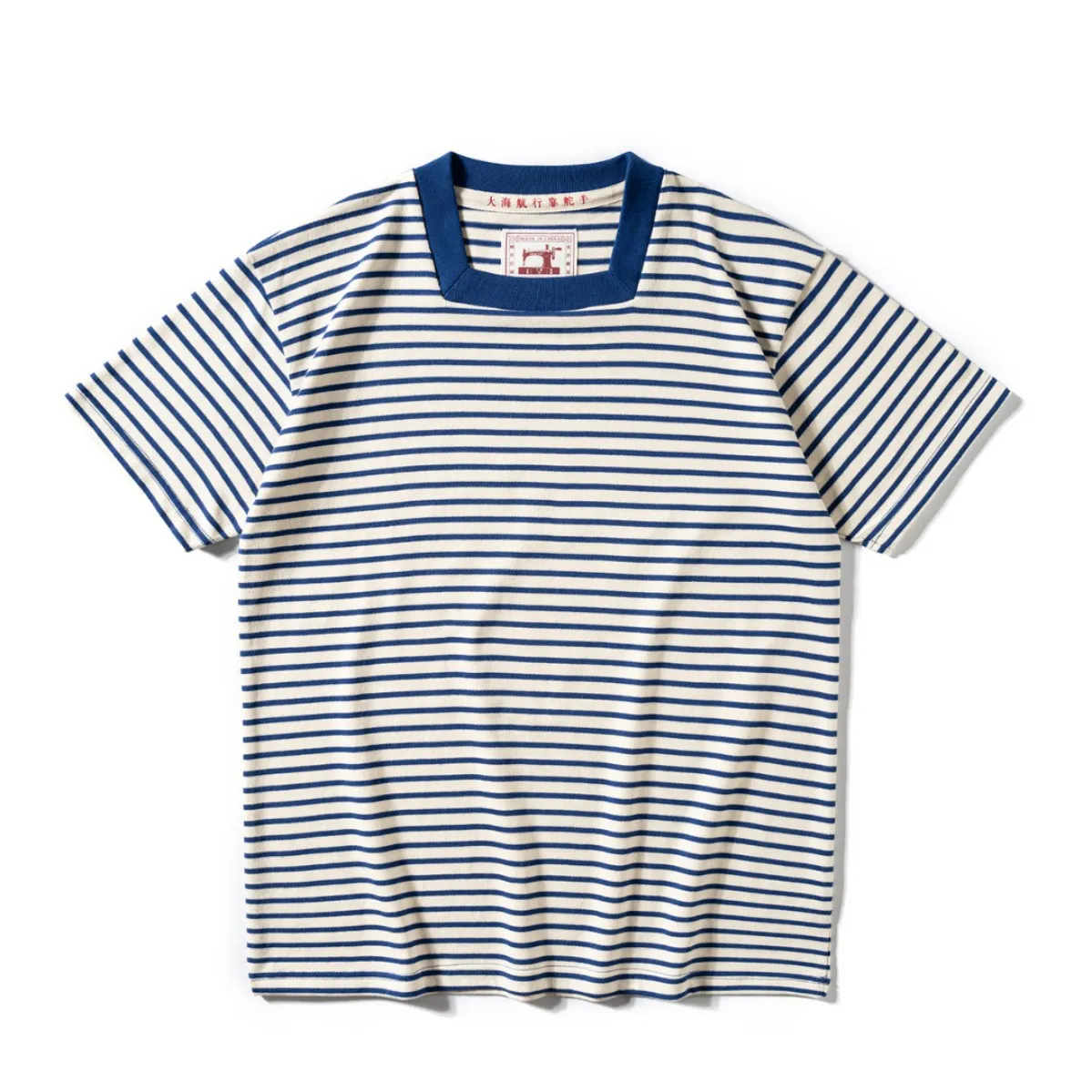 Colección Great Voyage - Camiseta original a rayas con cuello cuadrado | Camiseta Breton Vintage de algodón lavado pesado para hombre, verano