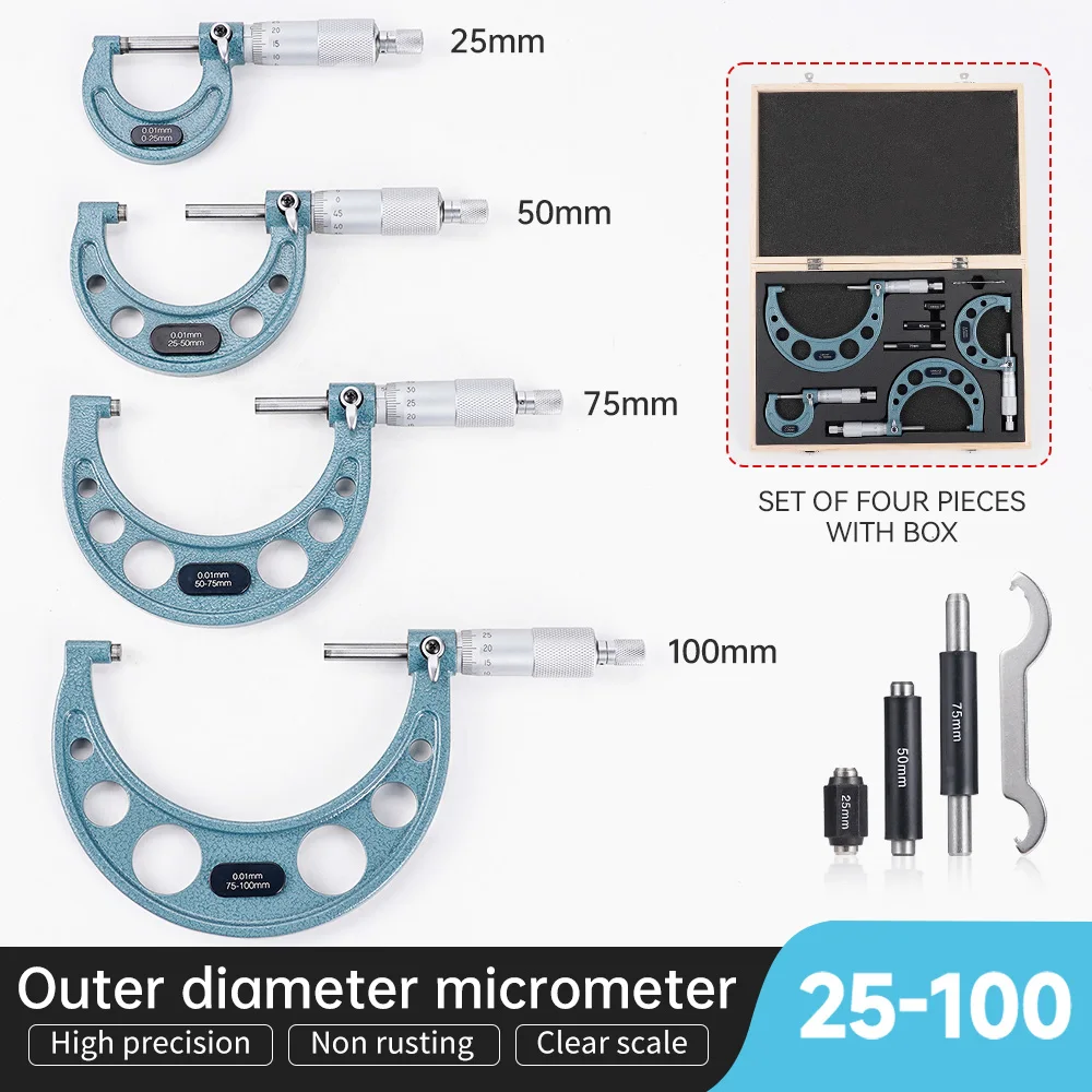 4Pcs/set 0-100mm 4 Precision Outside Micrometer Set Machinist Tool 0.01mm Accuracy Carbide Micrometer Set Kit Measure Tools