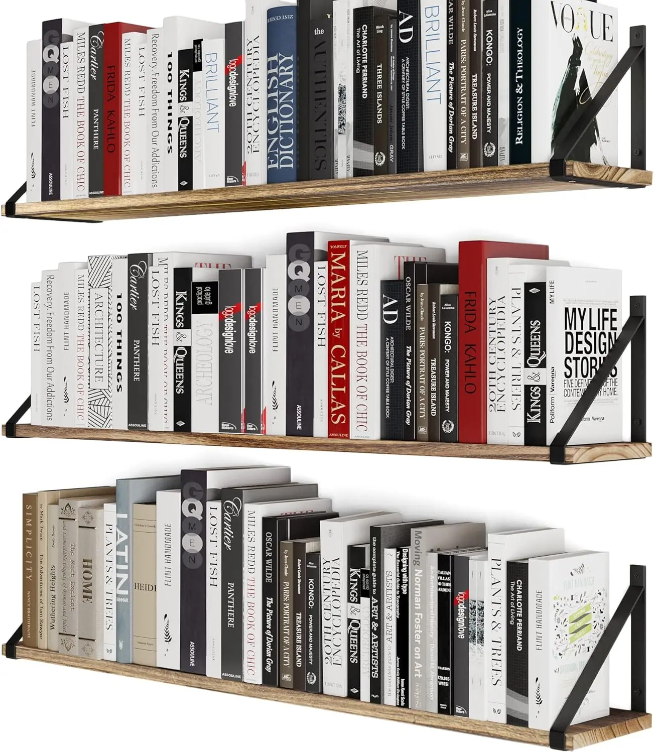 

36 Inch Large Floating Shelves for Wall Storage, Floating Bookshelf Set of 3, Burned Wood Wall Shelves for Books