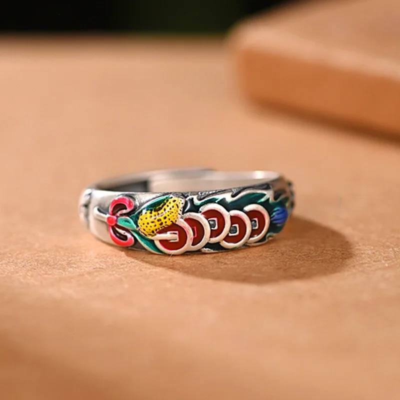 

Vintage Five Emperors Coin Peanut Ring Female Cloisonne Enamel China-Chic National Style Good Moral Movable Mouth Ring