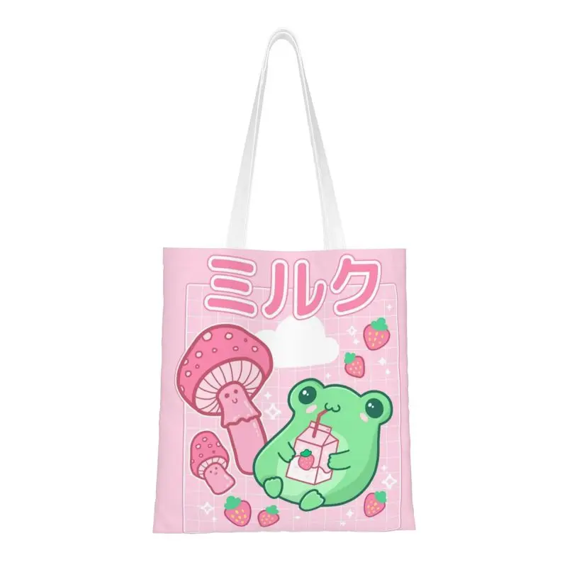 Cute Cottagecore Frog Strawberry Groceries Shopping Tote Bags Women Funny Canvas Shoulder Shopper Bag Large Capacity Handbags