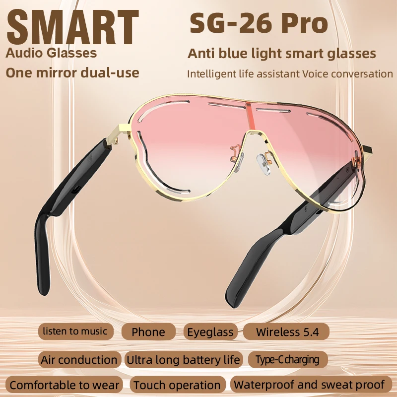 SG26 Pro Kacamata Hitam Bluetooth Pintar dengan Lensa Gradien, Kacamata Audio Nirkabel Bingkai Logam Fashion Wanita untuk Perjalanan Luar Ruangan