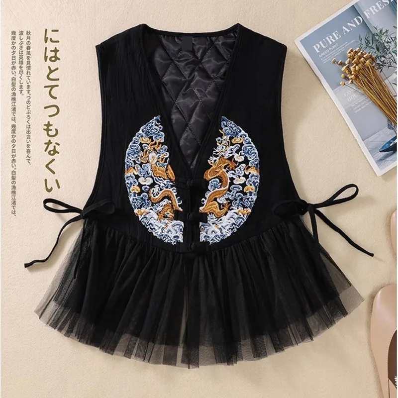 #5152 Black Vintage Vest Women Split Joint Mesh Short Vest Waistcoat Female Embroidery Chinese Style Retro Vest V-neck Buttons