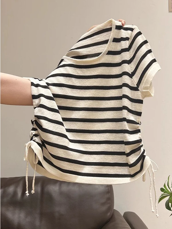Slimming Ice Silk Stripe Knitted Short Sleeve T-Shirt Women's Fashion Spring Autumn Summer New Style Korean Version Commute Wind