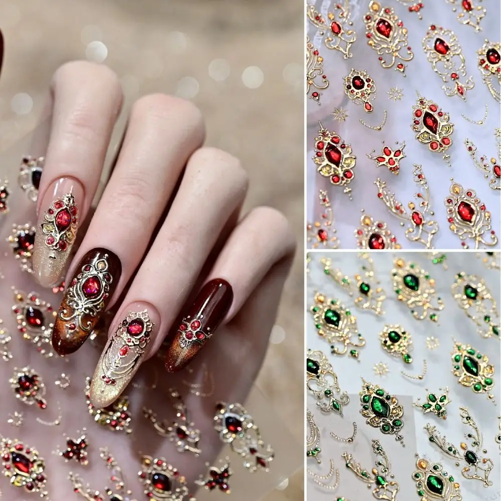 Luxurious Design 5D Nail Stickers Shiny Finish Gold Scepter Imitation Gemstone Nail Red Green Gemstone Emerald Ruby Color